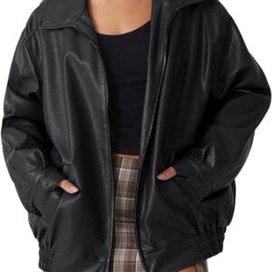 Black leather motorcycle jacket for women