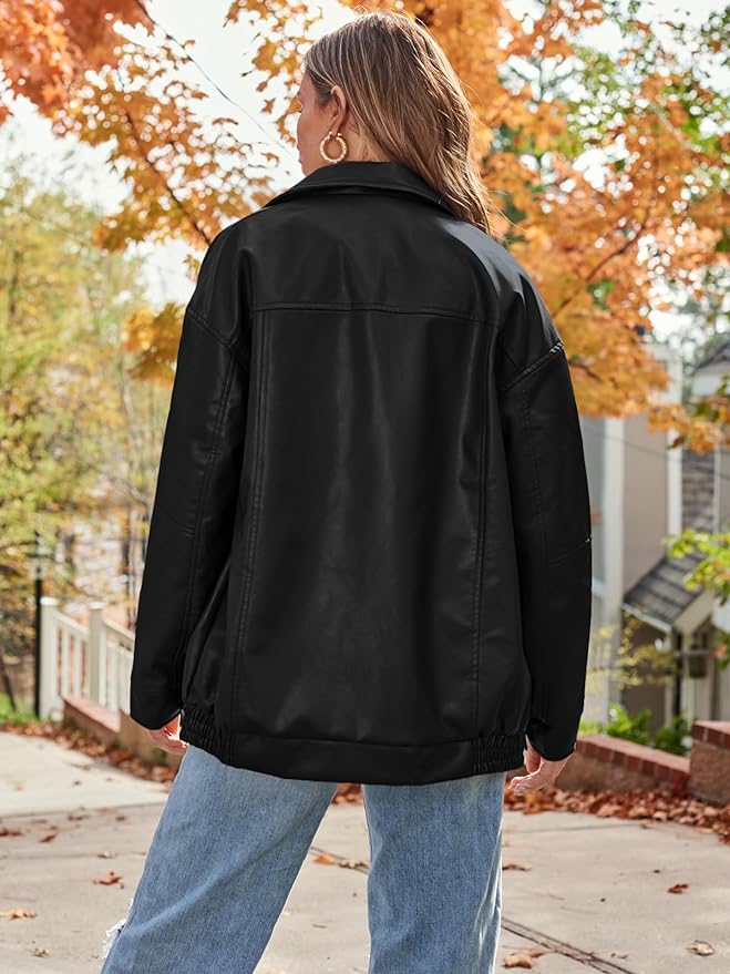 Black leather motorcycle jacket for women